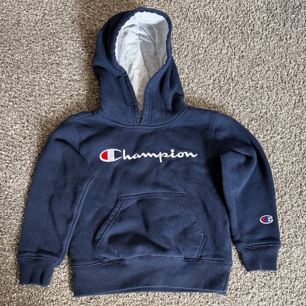 Boys size 5 Champion Navy Hoodie with Light Gray Hood Lining and Script Logo